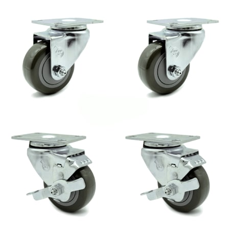 Service Caster 3.5 Inch Gray Polyurethane Wheel Swivel Top Plate Caster Set with 2 Brakes SCC SCC-20S3514-PPUB-TP3-2-TLB-2